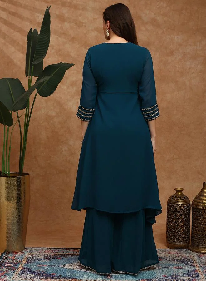 globus Women Teal Floral Zari Embroidered  Kurta with Sharara Set